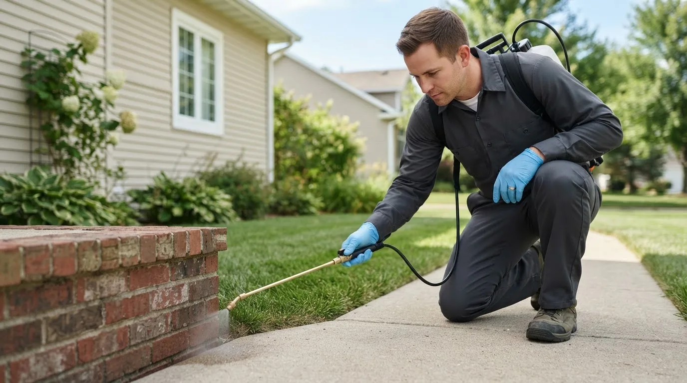 Pest control technician treating a home near New Waverly, IN