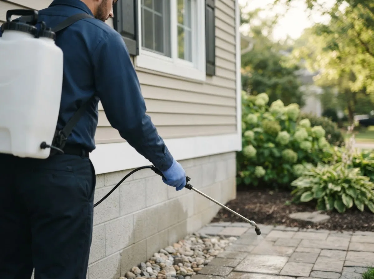 Pest control technician inspecting a home in New Waverly, IN